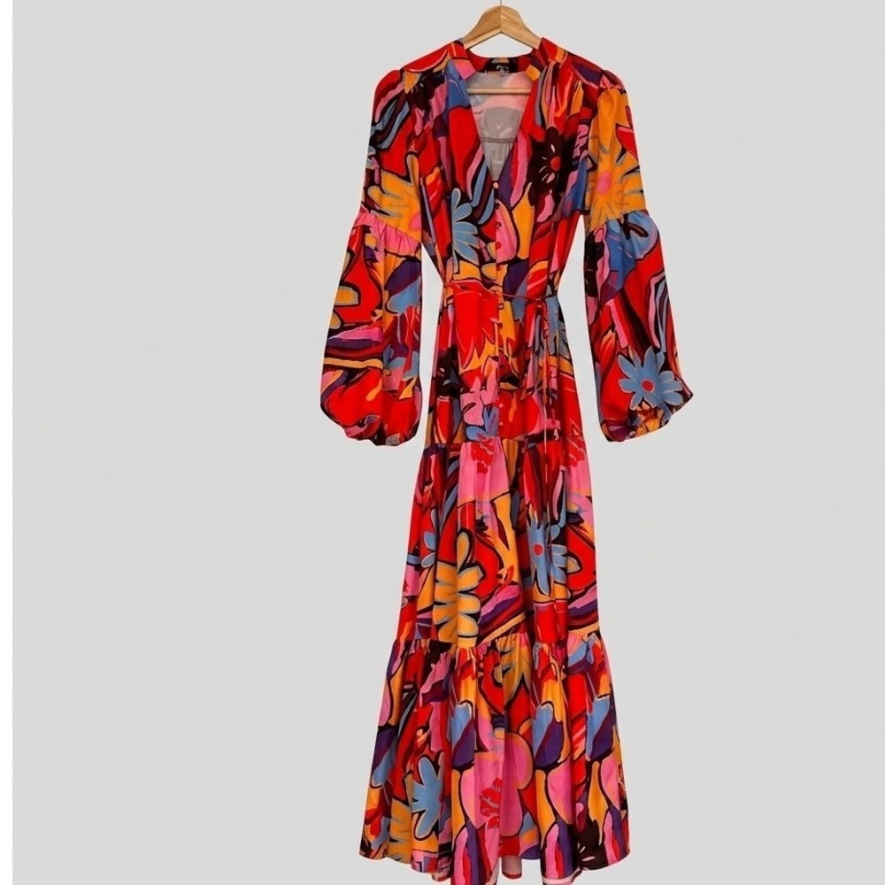 Olivia Women Abstract Floral Maxi Kaftan Dress Button Front Puff Sleeve Orange M